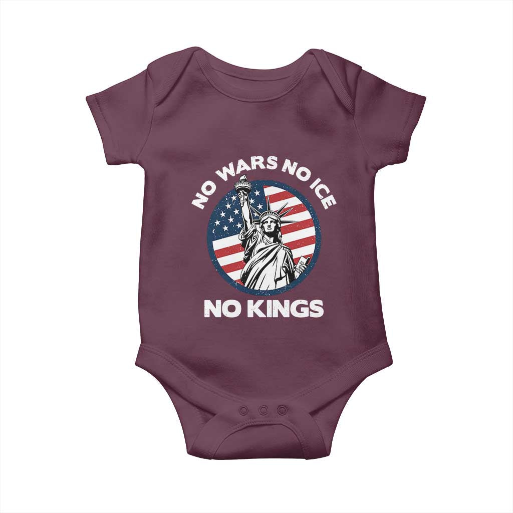 No Kings No ICE No Wars Baby Onesie Statue of Liberty US Flag Anti War Freedom Activist