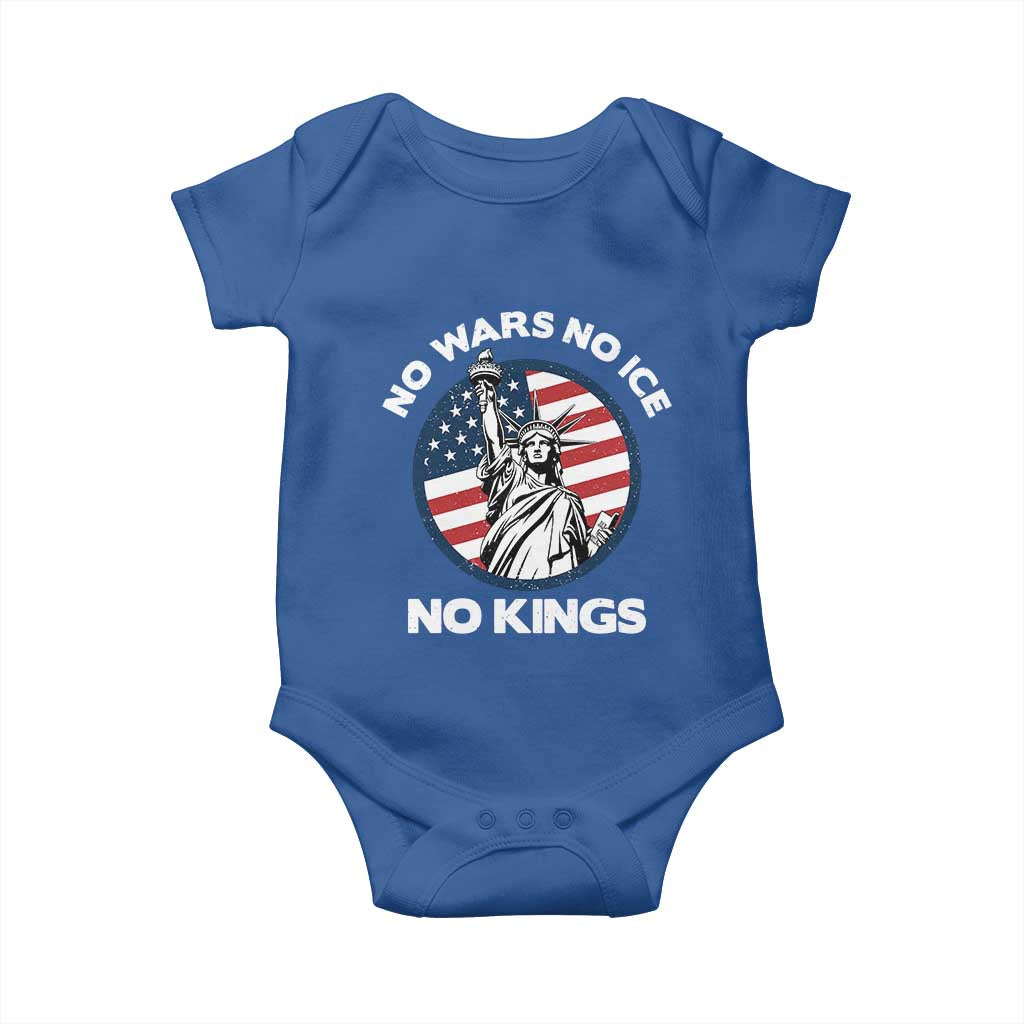 No Kings No ICE No Wars Baby Onesie Statue of Liberty US Flag Anti War Freedom Activist