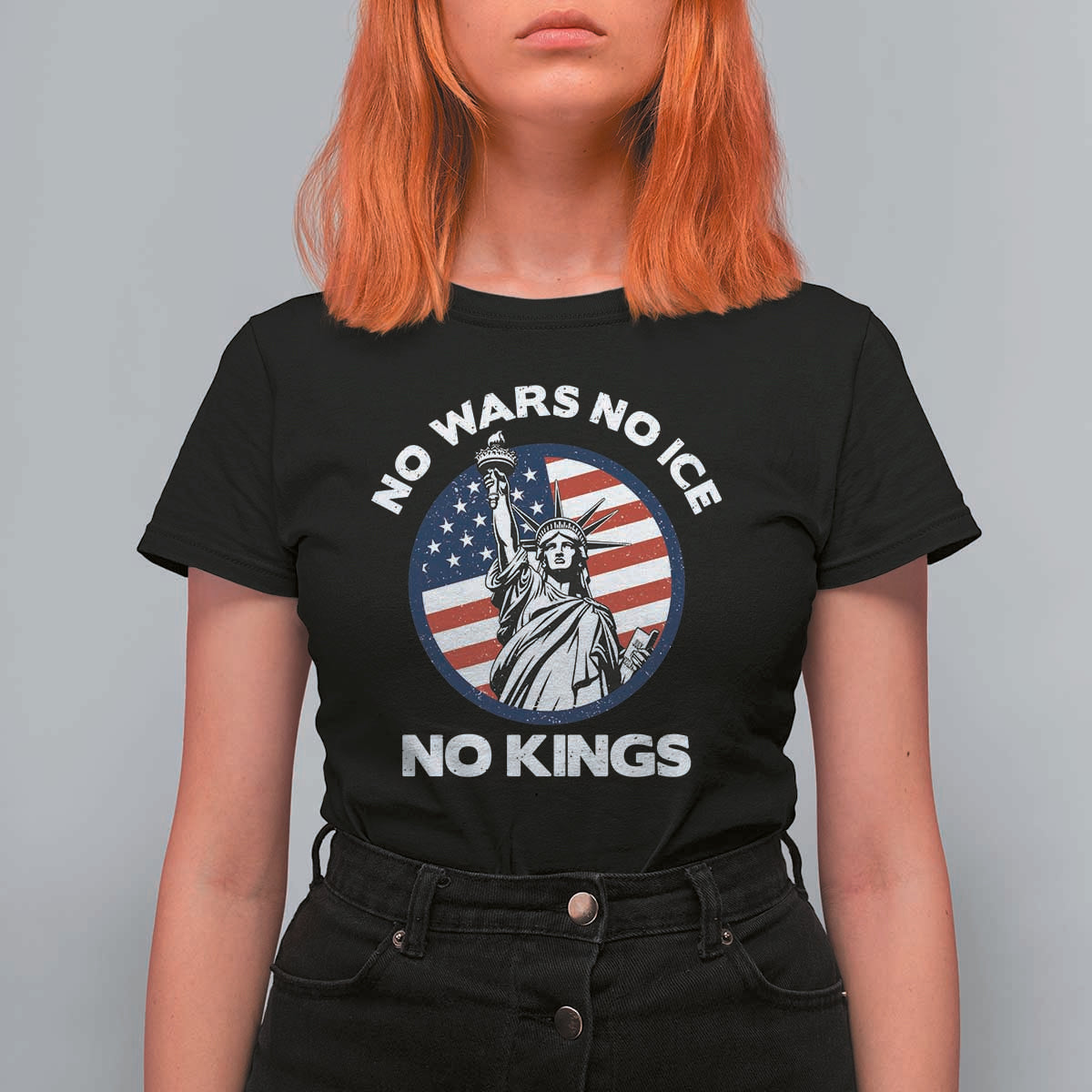 No Kings No ICE No Wars T Shirt For Women Statue of Liberty US Flag Anti War Freedom Activist