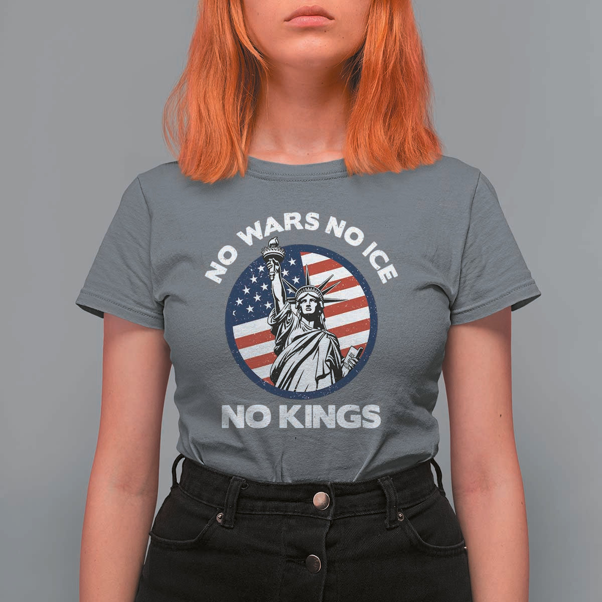 No Kings No ICE No Wars T Shirt For Women Statue of Liberty US Flag Anti War Freedom Activist