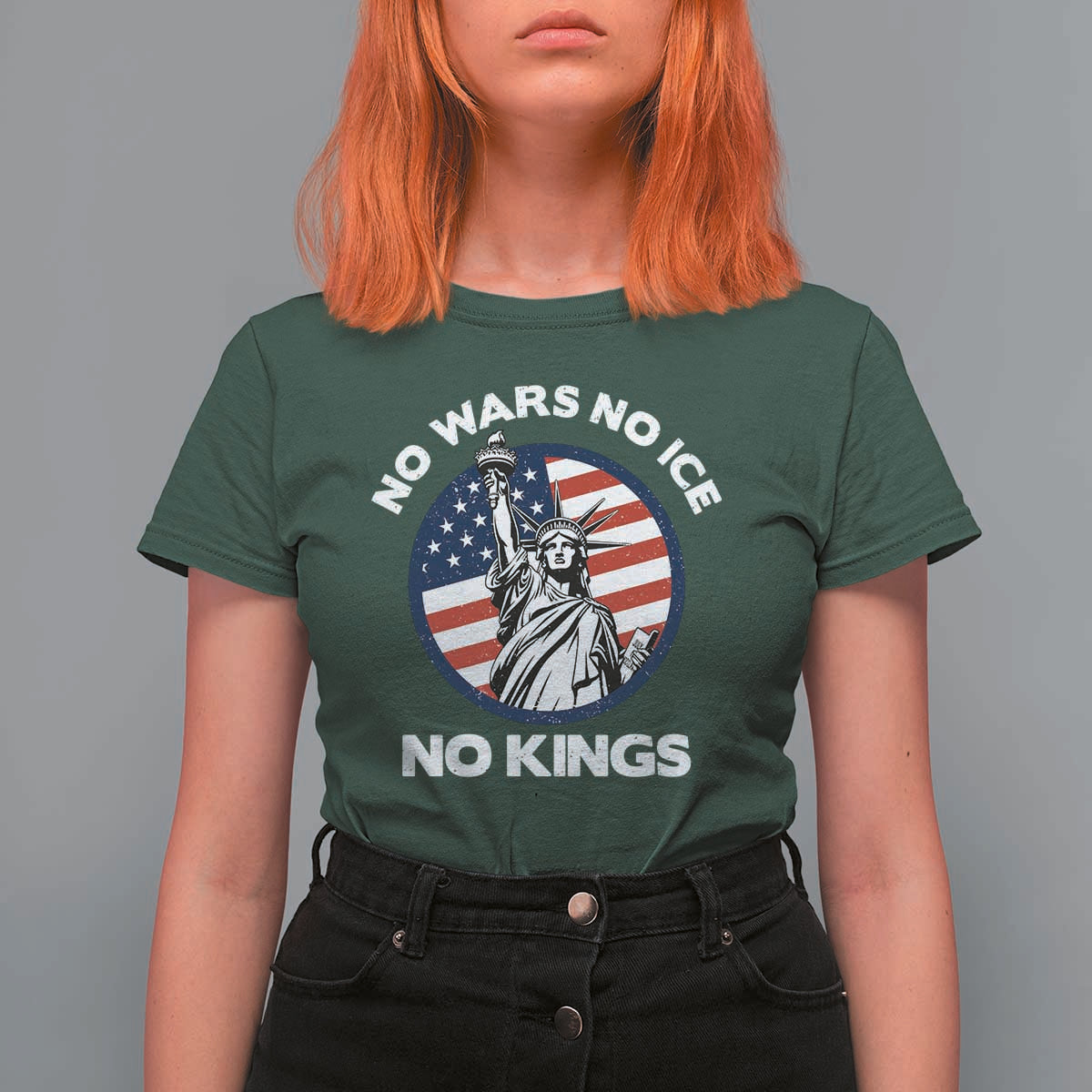 No Kings No ICE No Wars T Shirt For Women Statue of Liberty US Flag Anti War Freedom Activist