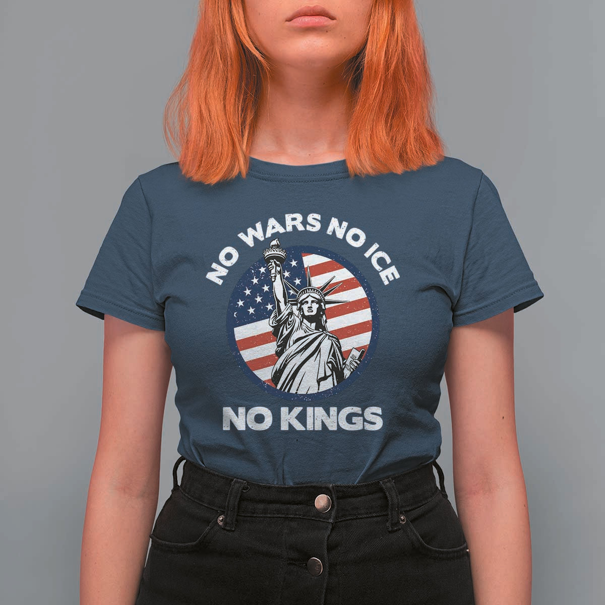 No Kings No ICE No Wars T Shirt For Women Statue of Liberty US Flag Anti War Freedom Activist