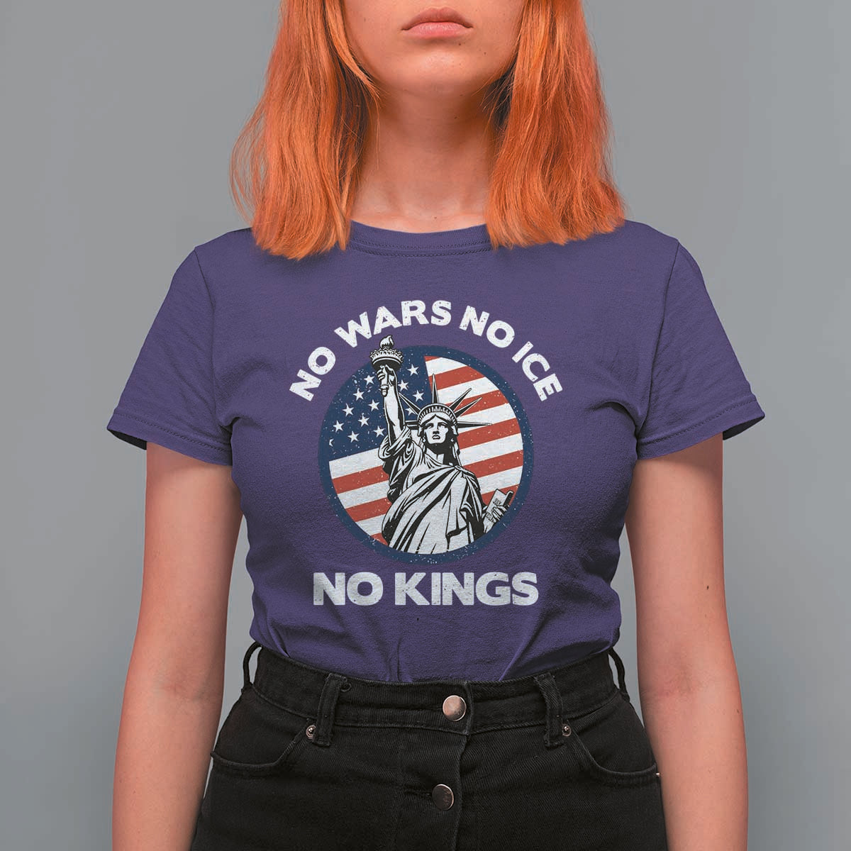 No Kings No ICE No Wars T Shirt For Women Statue of Liberty US Flag Anti War Freedom Activist