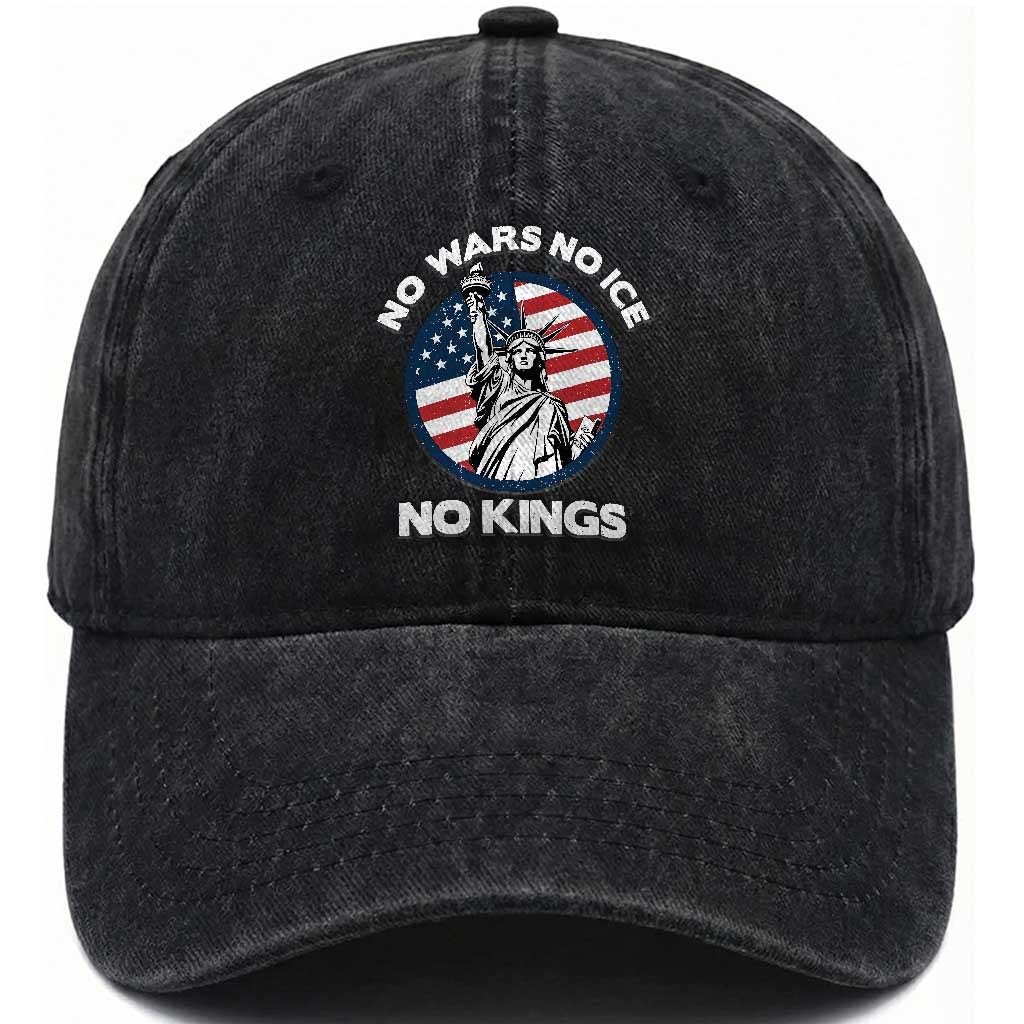 No Kings No ICE No Wars Washed Cotton Baseball Cap Statue of Liberty US Flag Anti War Freedom Activist