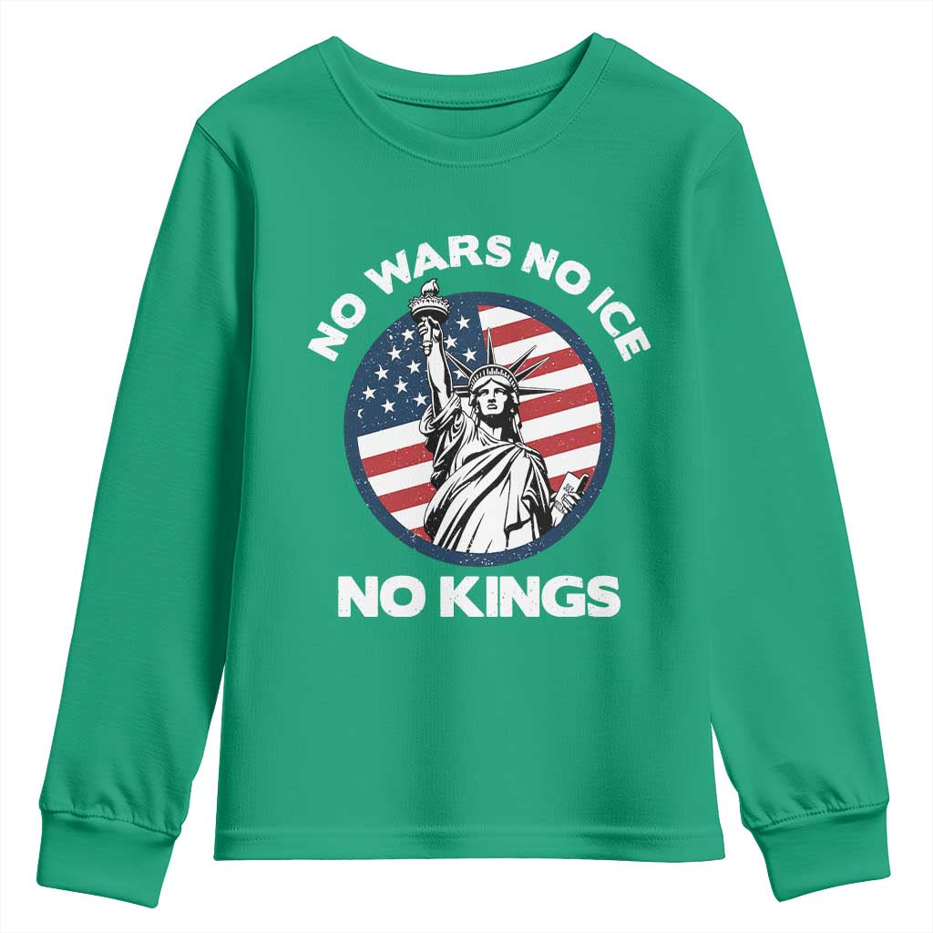 No Kings No ICE No Wars Youth Sweatshirt Statue of Liberty US Flag Anti War Freedom Activist