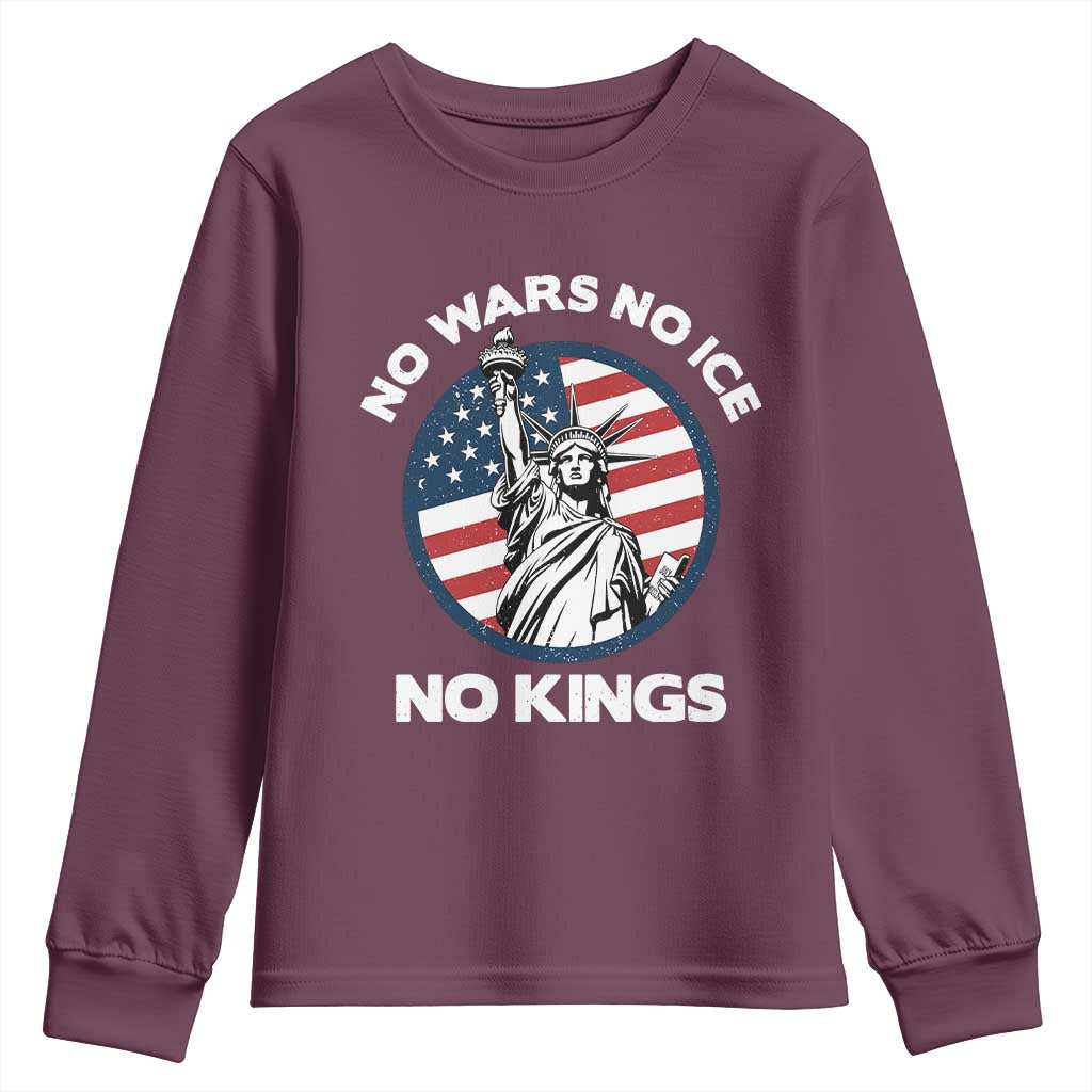No Kings No ICE No Wars Youth Sweatshirt Statue of Liberty US Flag Anti War Freedom Activist