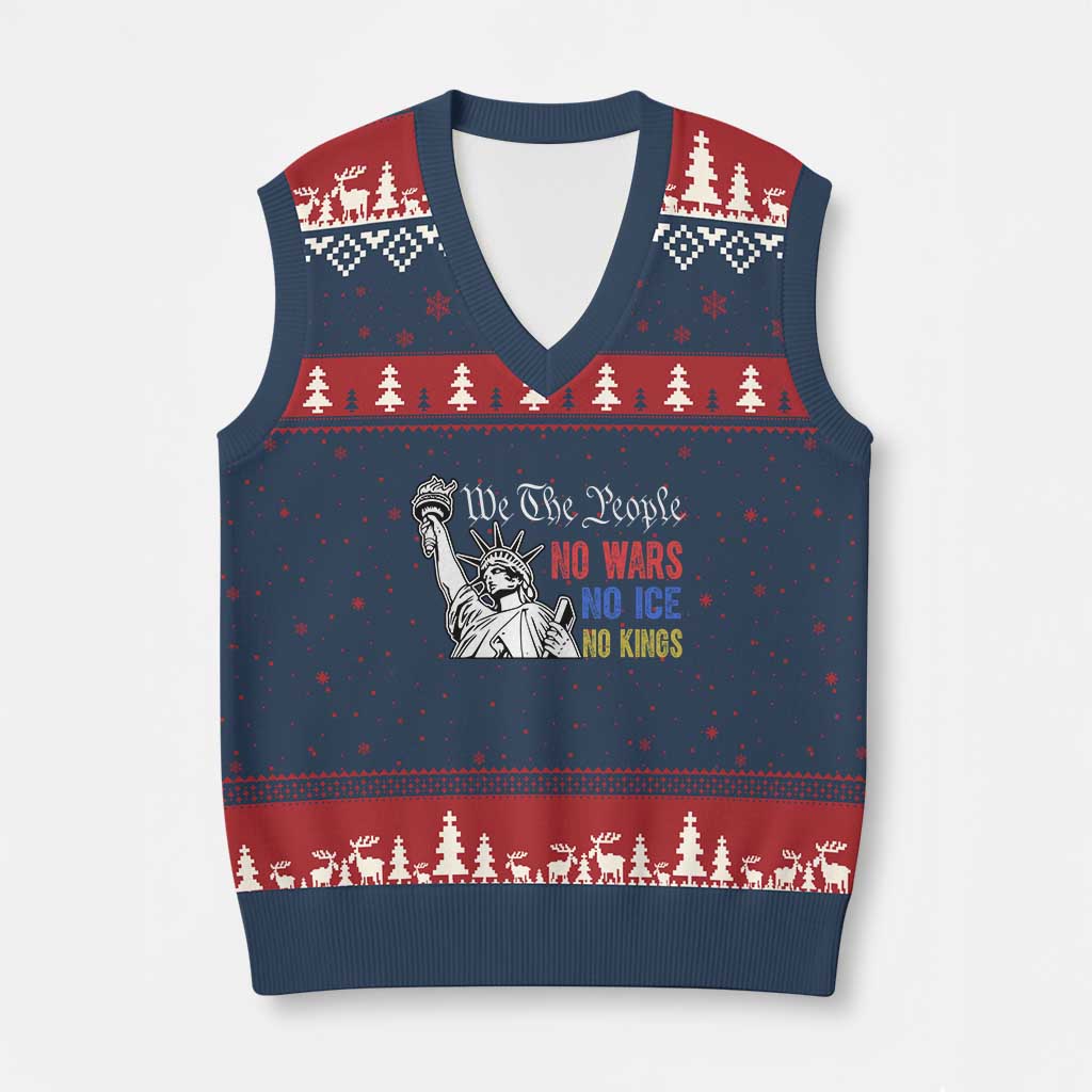 No Kings No ICE No Wars V-Neck Knit Sweater Vest Statue of Liberty We The People Freedom
