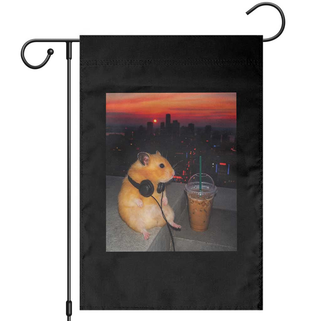 Hamster Drinking Iced Coffee Garden Flag Funny Animal Chill City Sunset Headphones