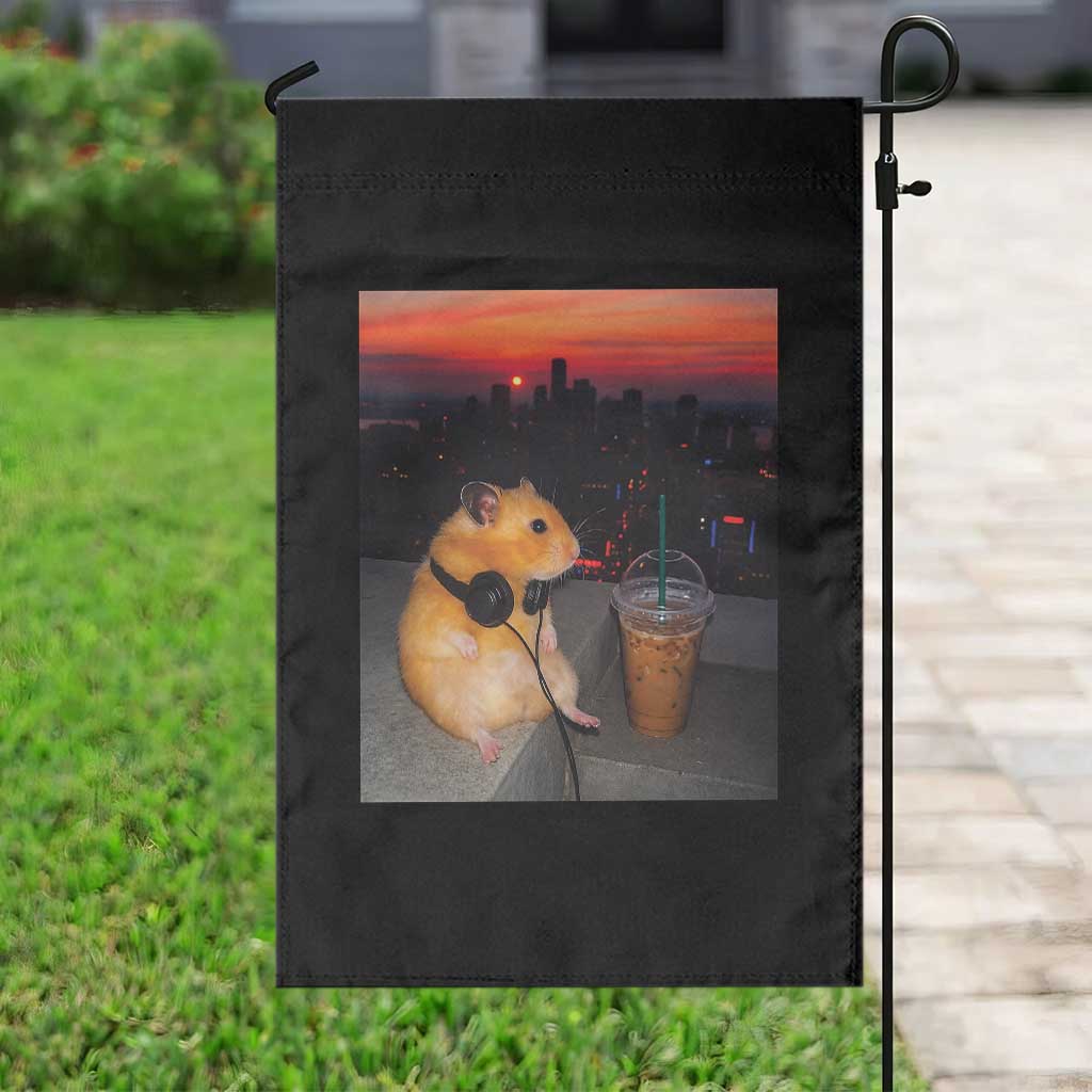 Hamster Drinking Iced Coffee Garden Flag Funny Animal Chill City Sunset Headphones
