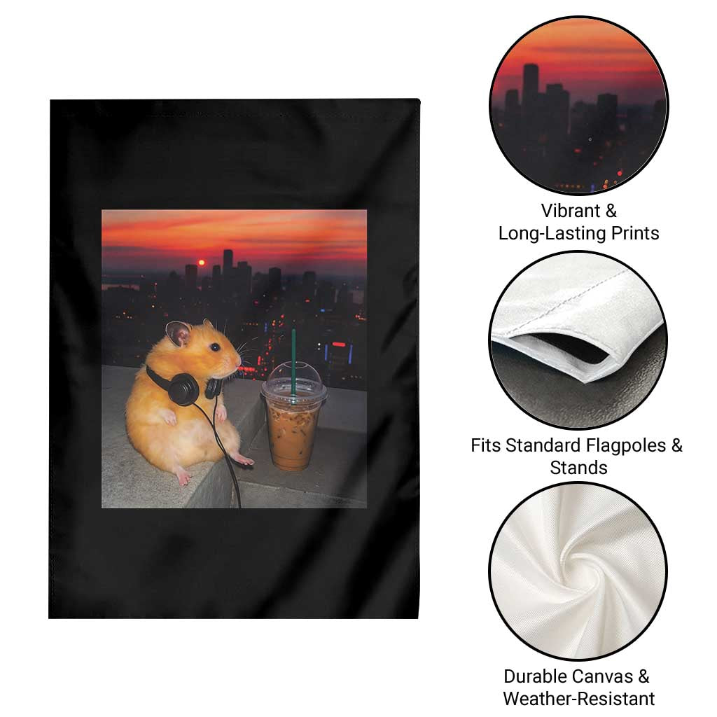 Hamster Drinking Iced Coffee Garden Flag Funny Animal Chill City Sunset Headphones