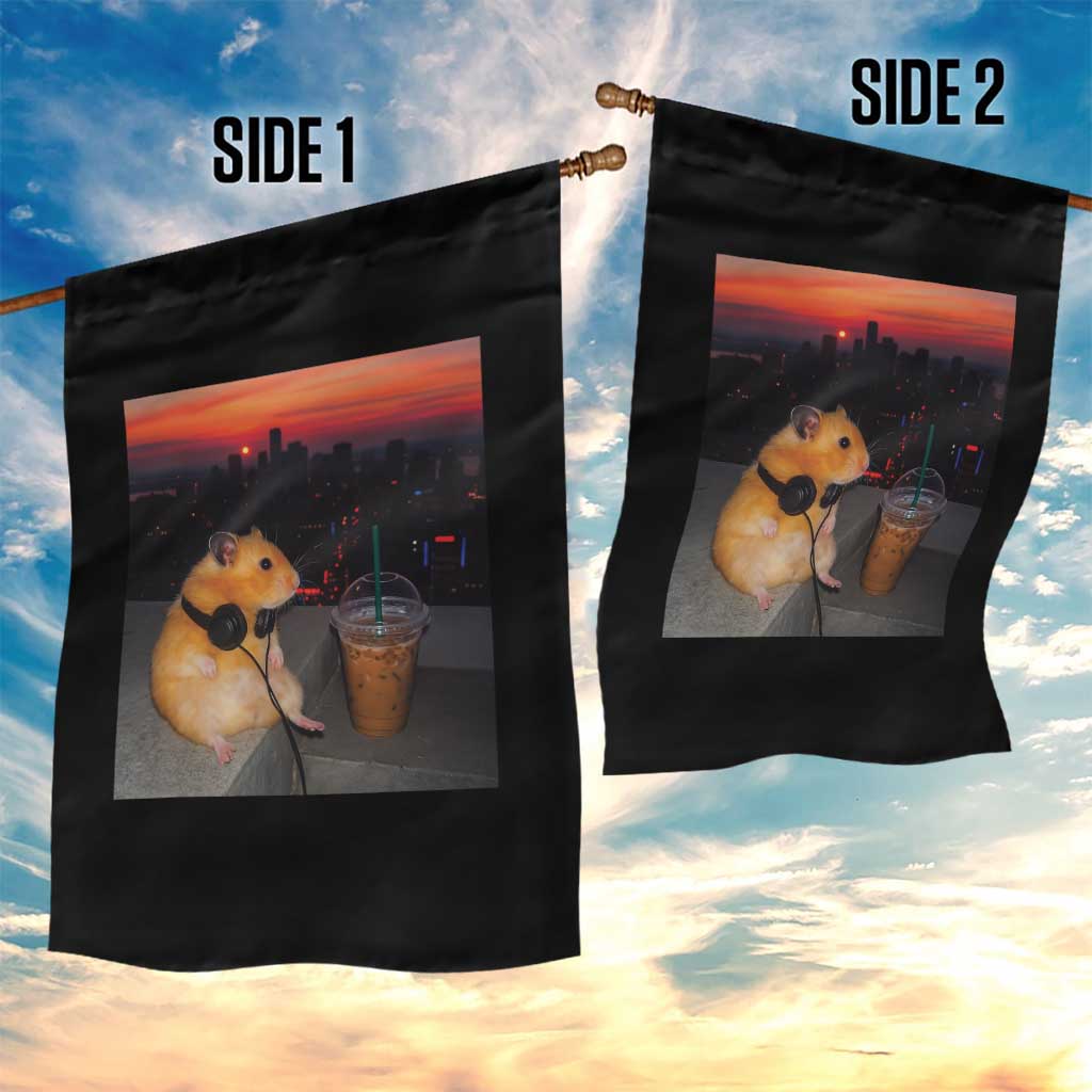 Hamster Drinking Iced Coffee Garden Flag Funny Animal Chill City Sunset Headphones
