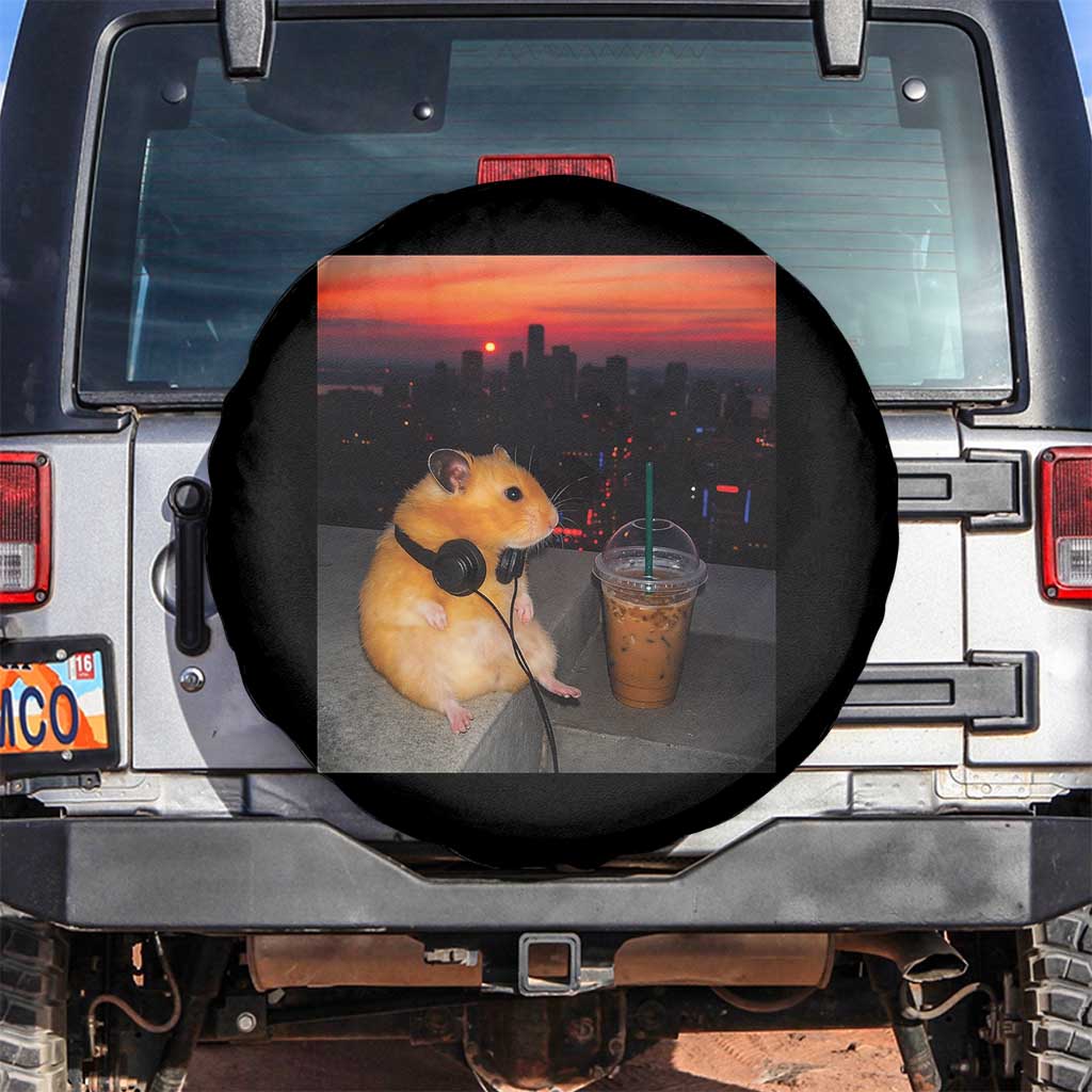 Hamster Drinking Iced Coffee Spare Tire Cover Funny Animal Chill City Sunset Headphones
