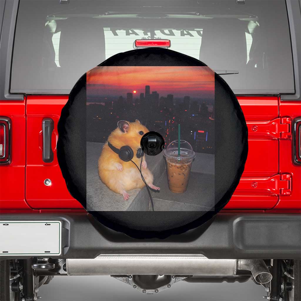 Hamster Drinking Iced Coffee Spare Tire Cover Funny Animal Chill City Sunset Headphones