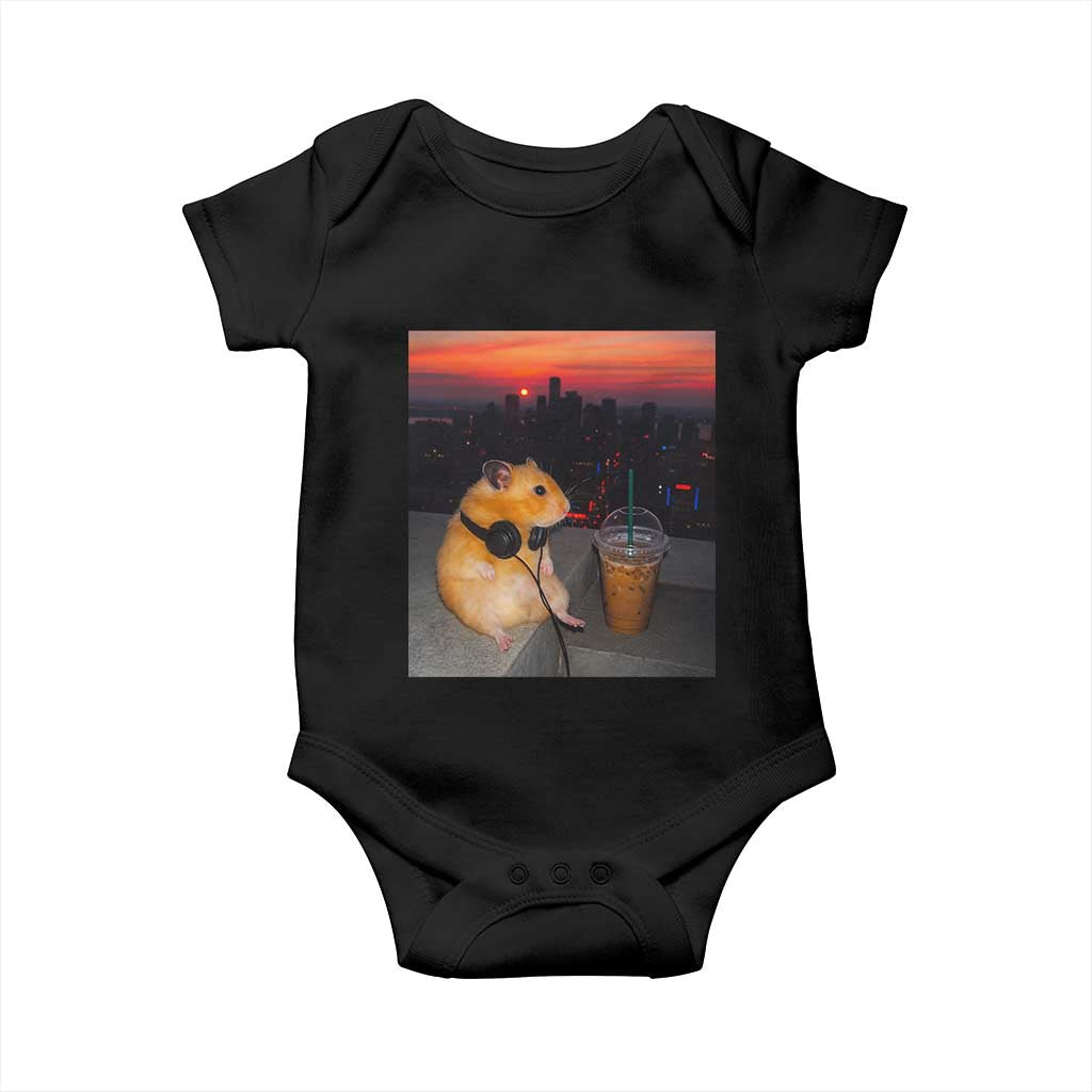Hamster Drinking Iced Coffee Baby Onesie Funny Animal Chill City Sunset Headphones