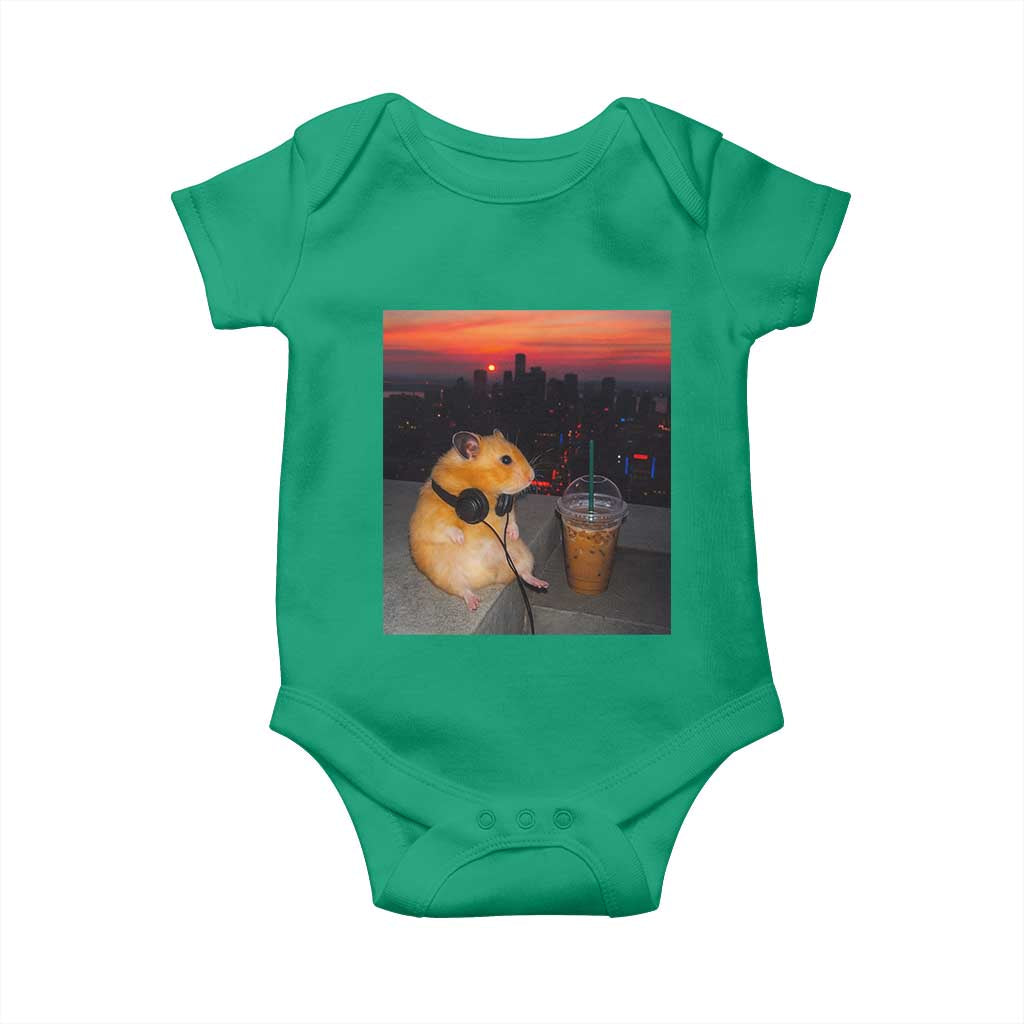 Hamster Drinking Iced Coffee Baby Onesie Funny Animal Chill City Sunset Headphones