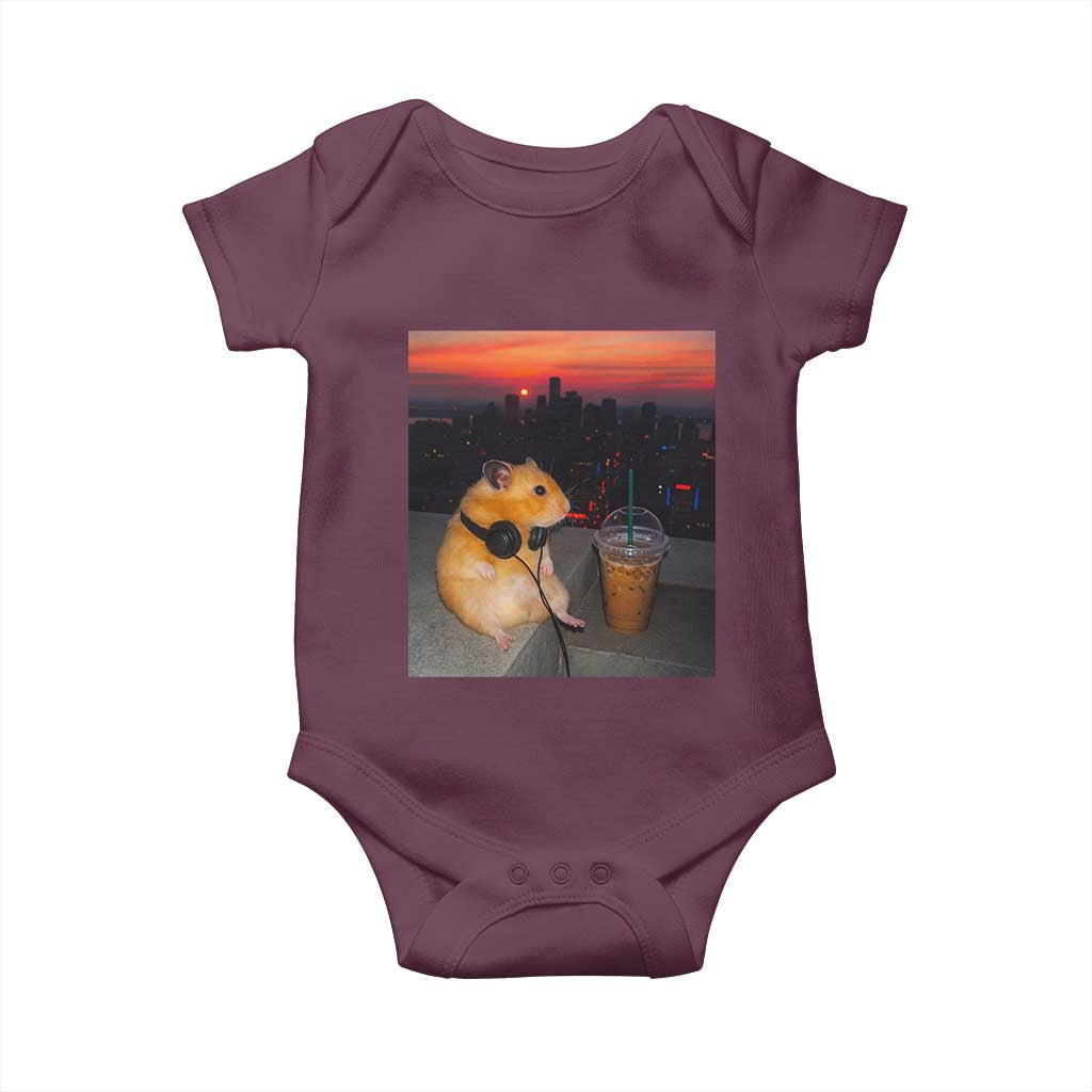 Hamster Drinking Iced Coffee Baby Onesie Funny Animal Chill City Sunset Headphones