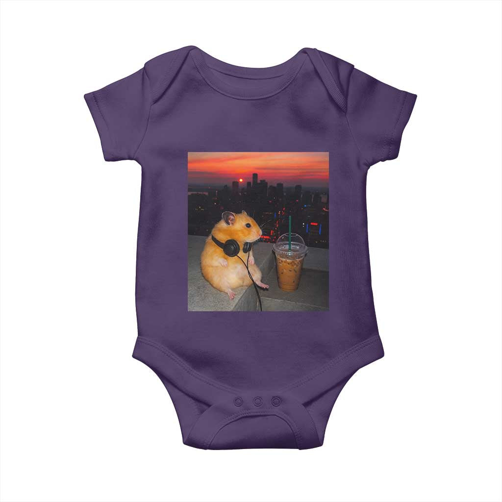 Hamster Drinking Iced Coffee Baby Onesie Funny Animal Chill City Sunset Headphones