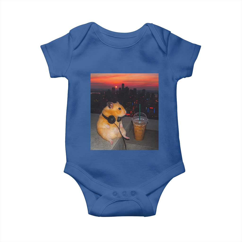 Hamster Drinking Iced Coffee Baby Onesie Funny Animal Chill City Sunset Headphones