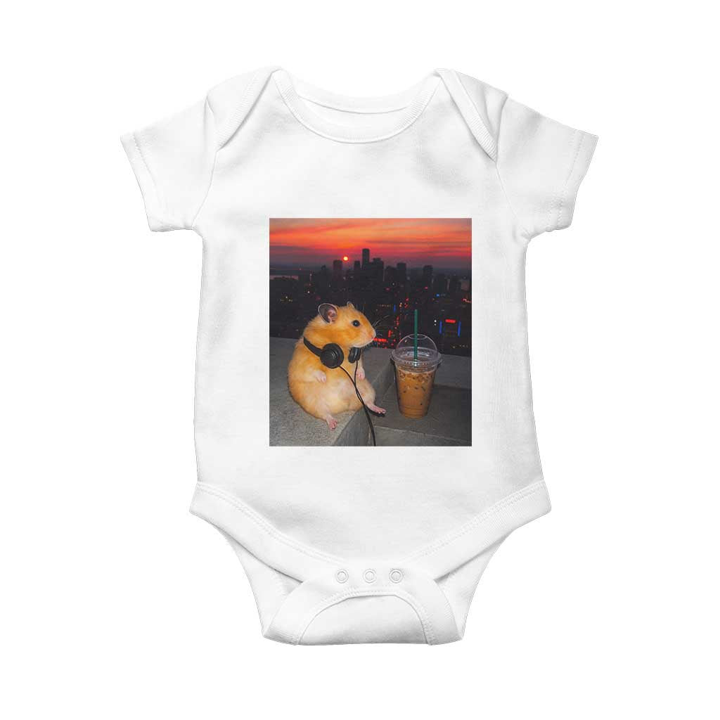 Hamster Drinking Iced Coffee Baby Onesie Funny Animal Chill City Sunset Headphones