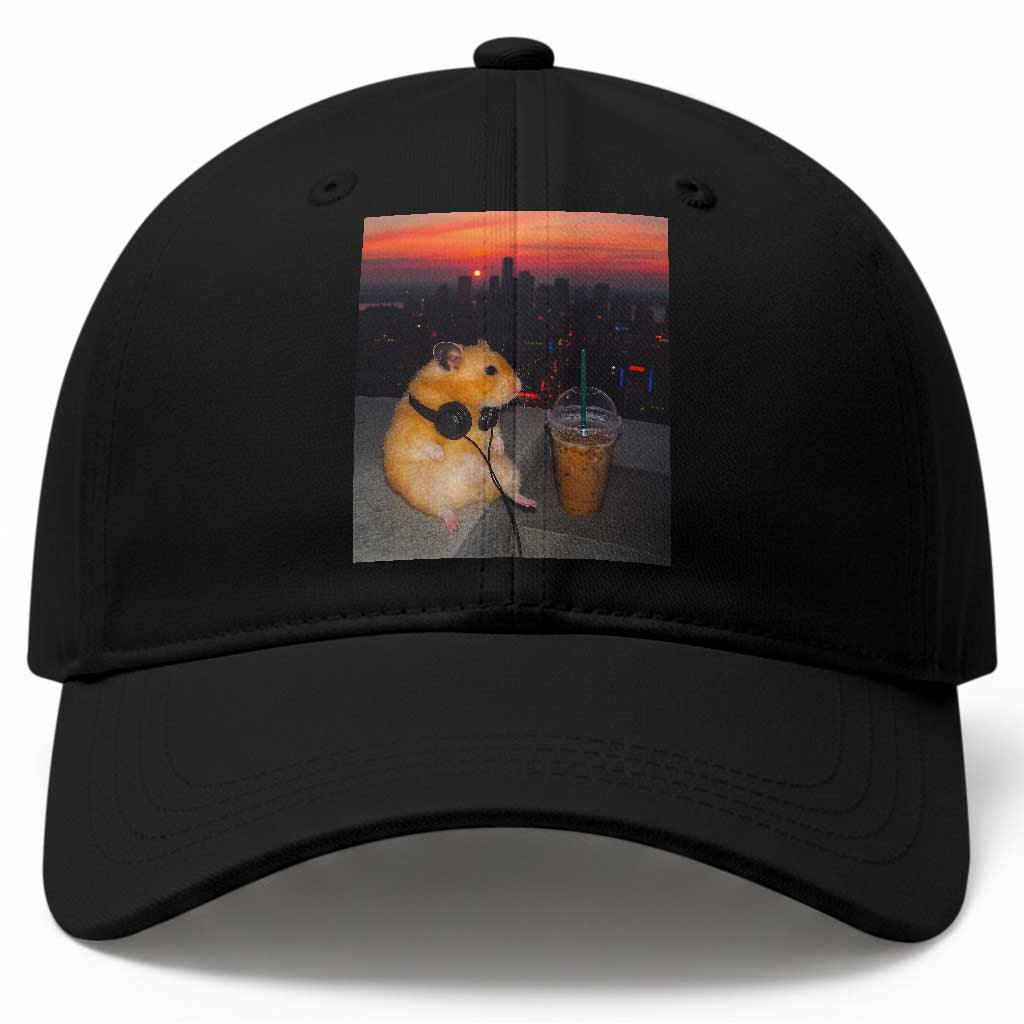 Hamster Drinking Iced Coffee Baseball Cap Funny Animal Chill City Sunset Headphones