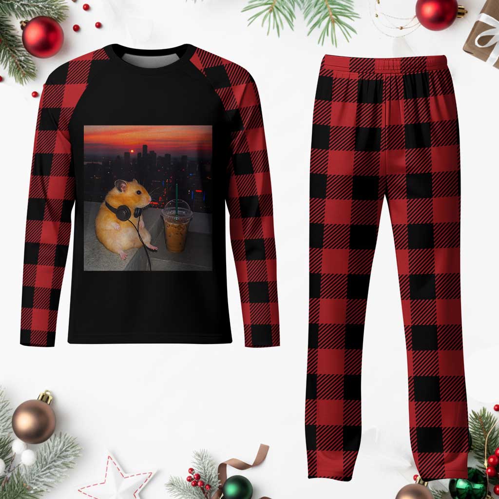 Hamster Drinking Iced Coffee Plaid Pajama Set Funny Animal Chill City Sunset Headphones