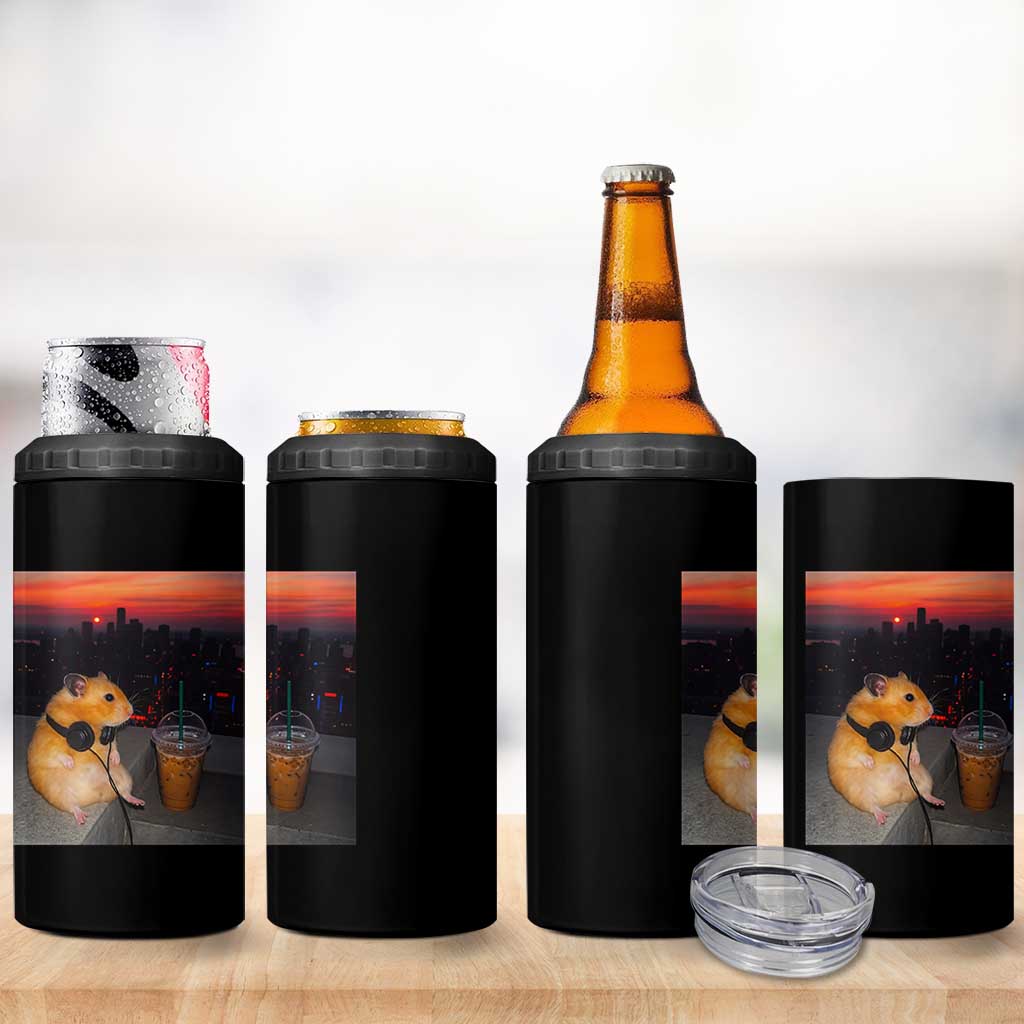 Hamster Drinking Iced Coffee 4 in 1 Can Cooler Tumbler Funny Animal Chill City Sunset Headphones
