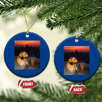 Hamster Drinking Iced Coffee Ceramic Ornament Funny Animal Chill City Sunset Headphones