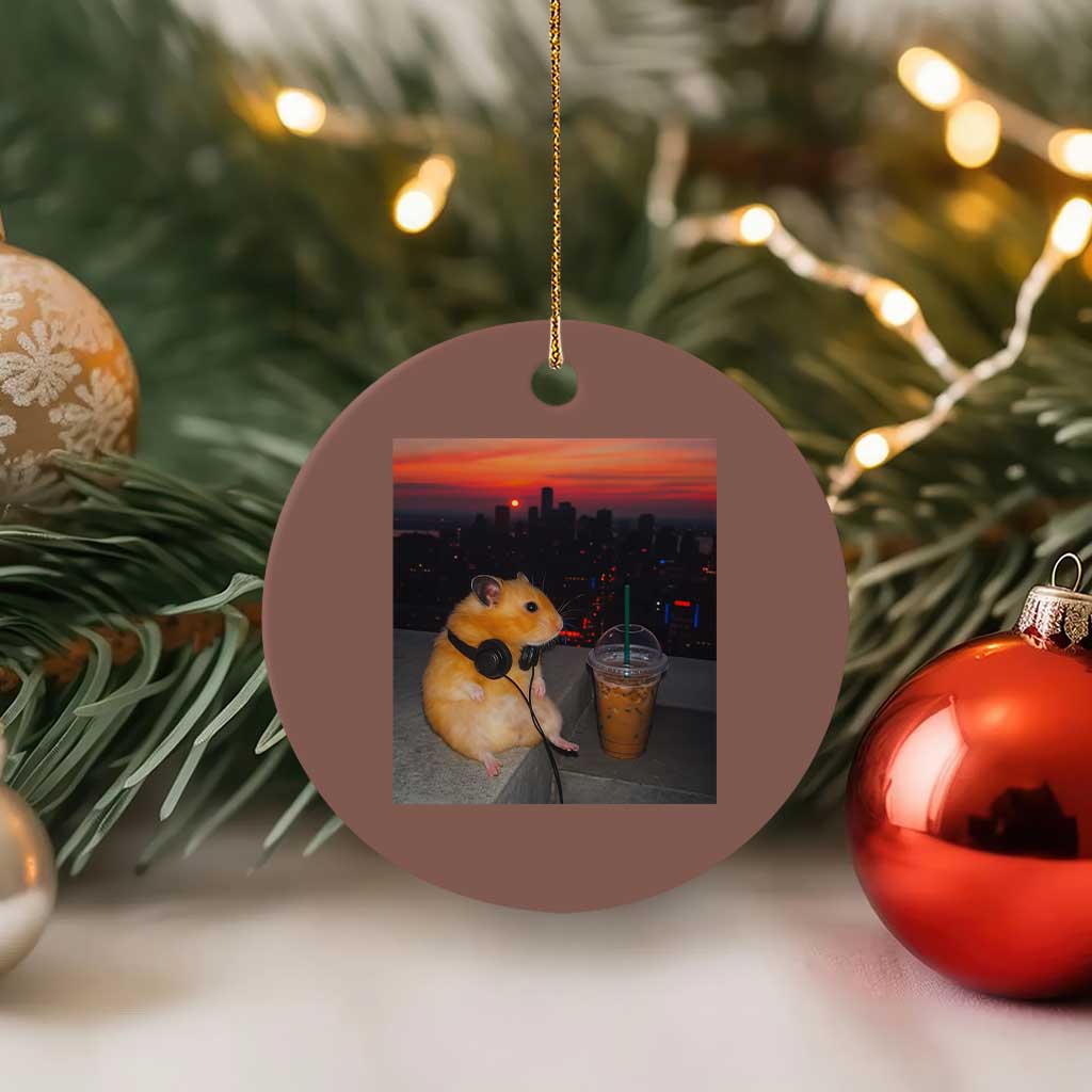 Hamster Drinking Iced Coffee Ceramic Ornament Funny Animal Chill City Sunset Headphones