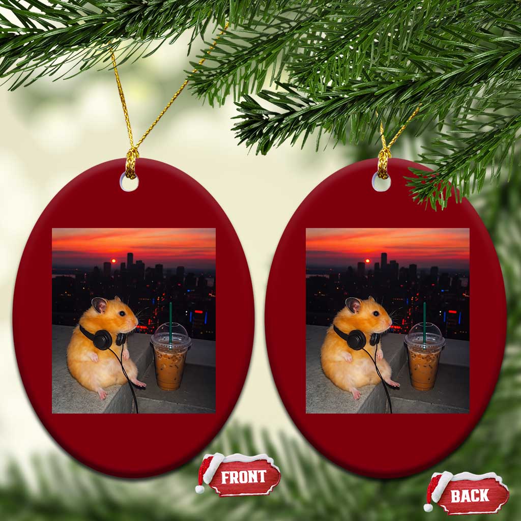 Hamster Drinking Iced Coffee Ceramic Ornament Funny Animal Chill City Sunset Headphones