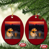 Hamster Drinking Iced Coffee Ceramic Ornament Funny Animal Chill City Sunset Headphones
