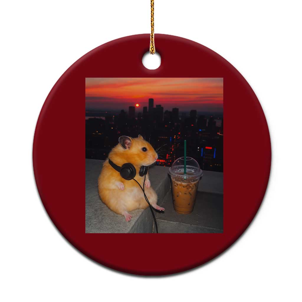 Hamster Drinking Iced Coffee Ceramic Ornament Funny Animal Chill City Sunset Headphones