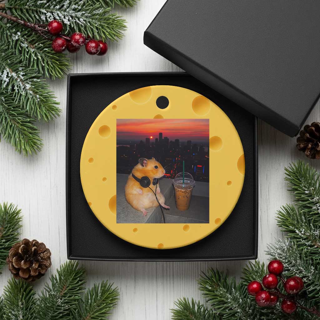 Hamster Drinking Iced Coffee Ceramic Ornament Funny Animal Chill City Sunset Headphones