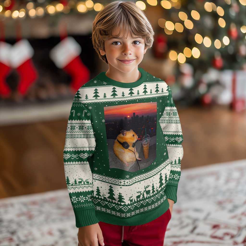Hamster Drinking Iced Coffee Ugly Christmas Sweater Funny Animal Chill City Sunset Headphones