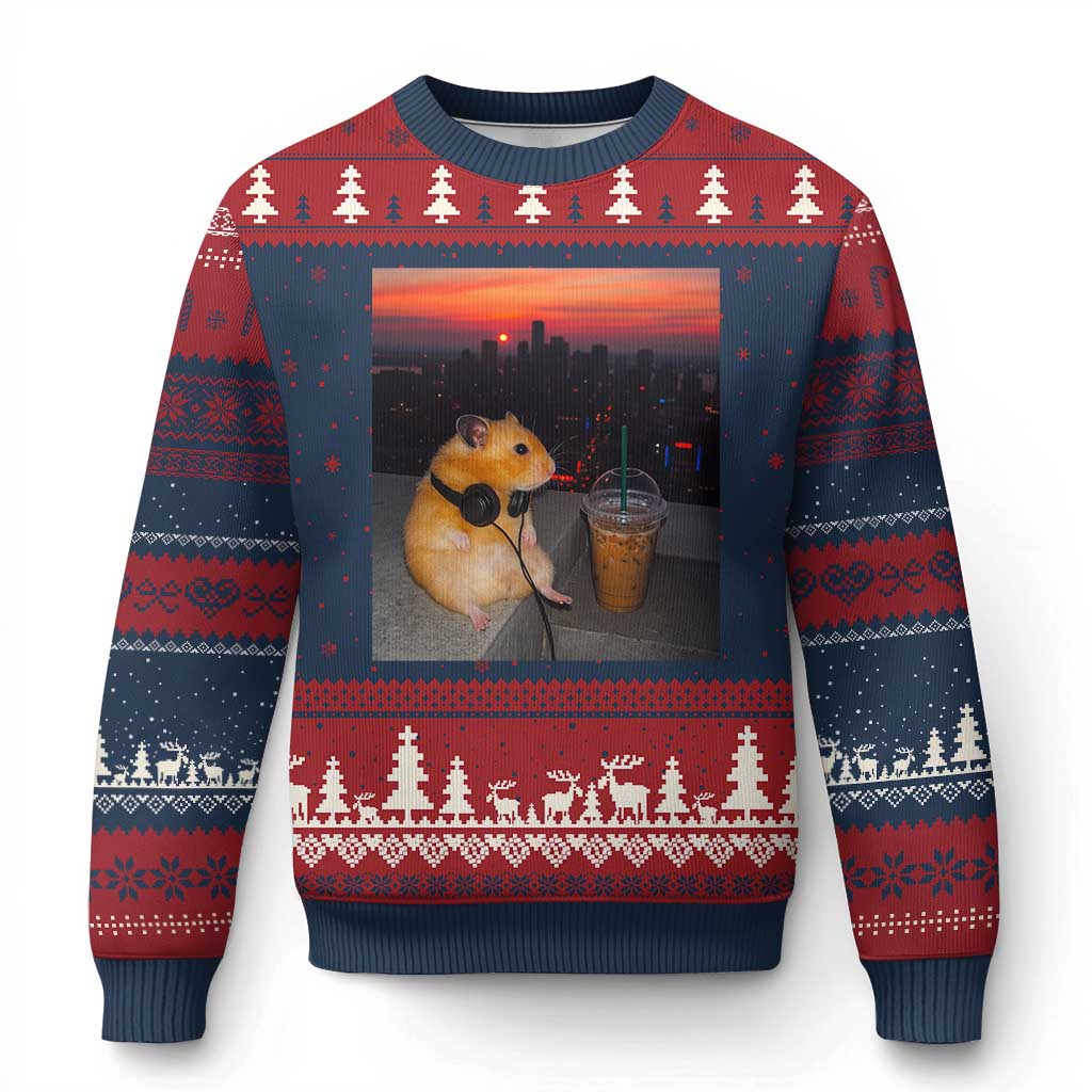 Hamster Drinking Iced Coffee Ugly Christmas Sweater Funny Animal Chill City Sunset Headphones