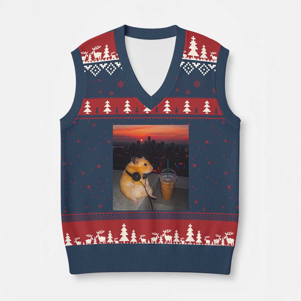 Hamster Drinking Iced Coffee V-Neck Knit Sweater Vest Funny Animal Chill City Sunset Headphones