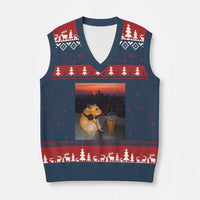 Hamster Drinking Iced Coffee V-Neck Knit Sweater Vest Funny Animal Chill City Sunset Headphones