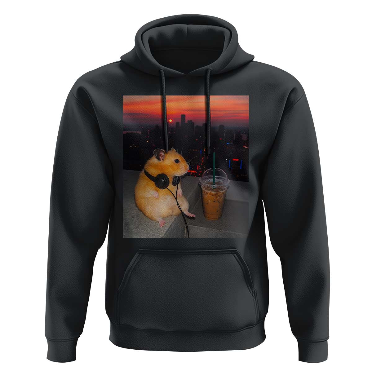 Hamster Drinking Iced Coffee Hoodie Funny Animal Chill City Sunset Headphones