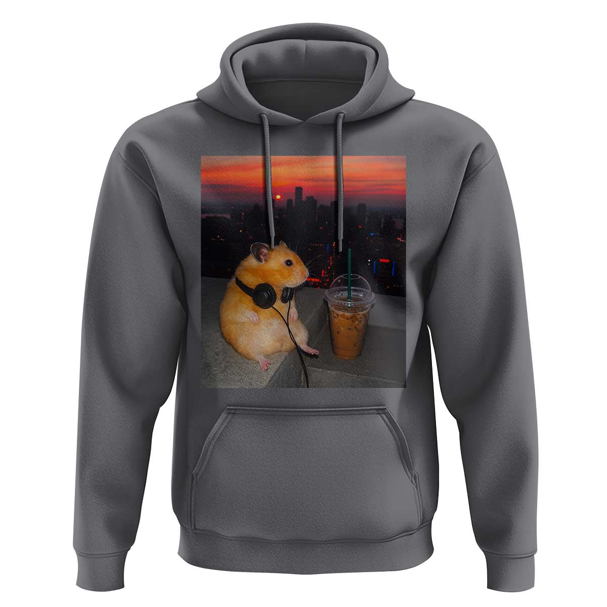 Hamster Drinking Iced Coffee Hoodie Funny Animal Chill City Sunset Headphones
