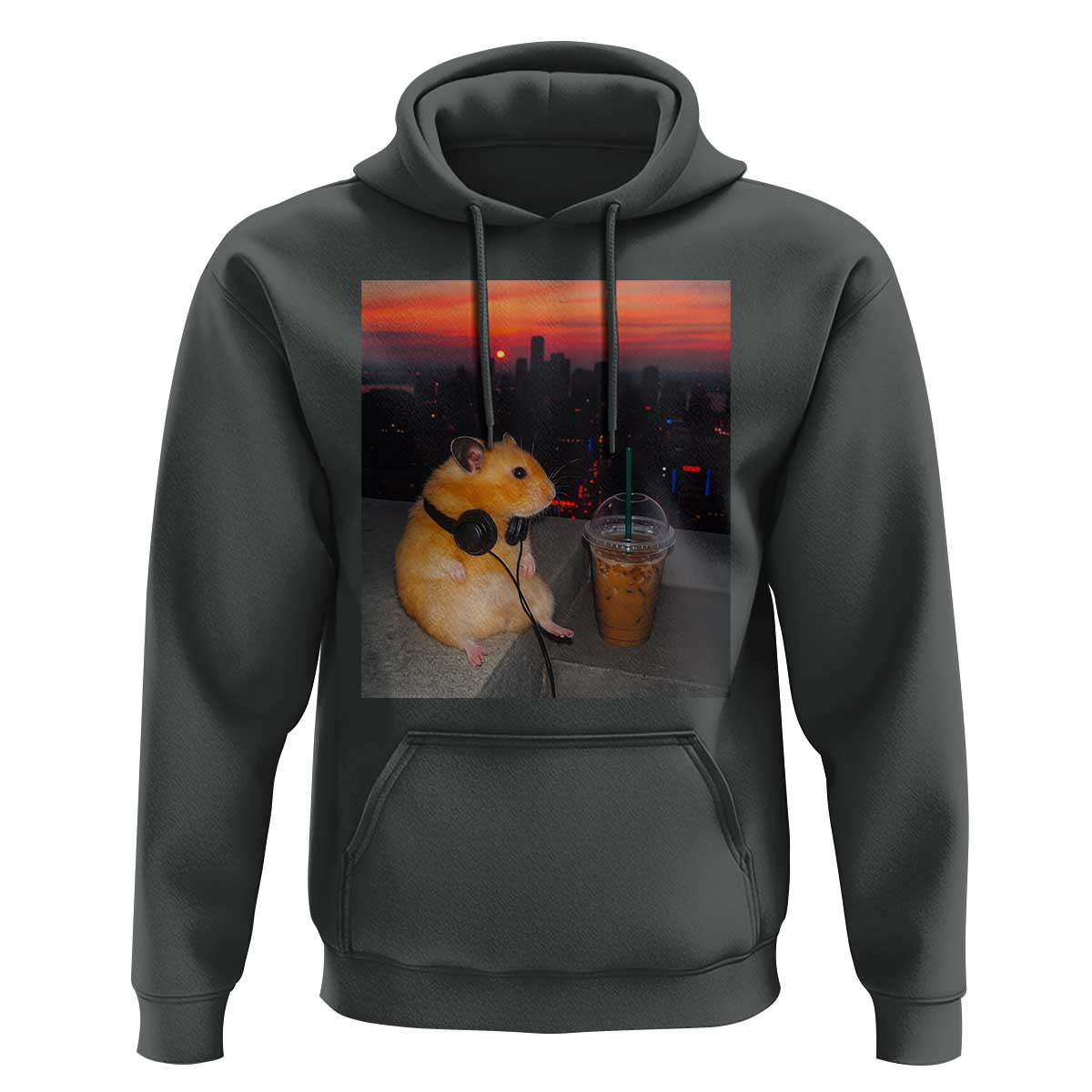 Hamster Drinking Iced Coffee Hoodie Funny Animal Chill City Sunset Headphones