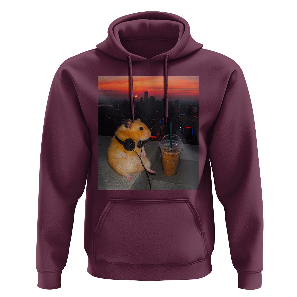 Hamster Drinking Iced Coffee Hoodie Funny Animal Chill City Sunset Headphones