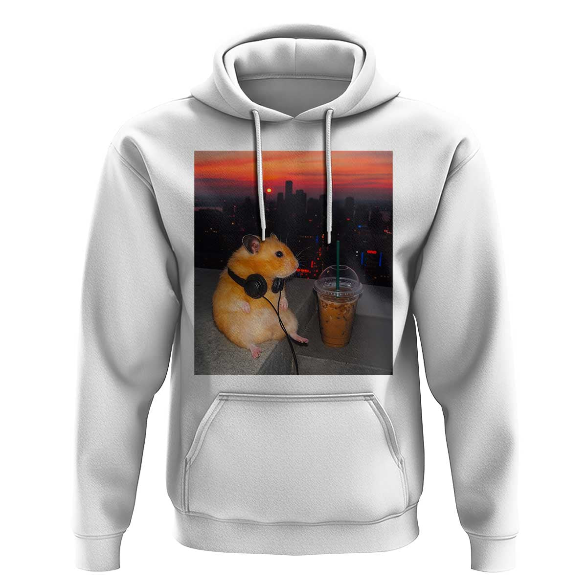 Hamster Drinking Iced Coffee Hoodie Funny Animal Chill City Sunset Headphones
