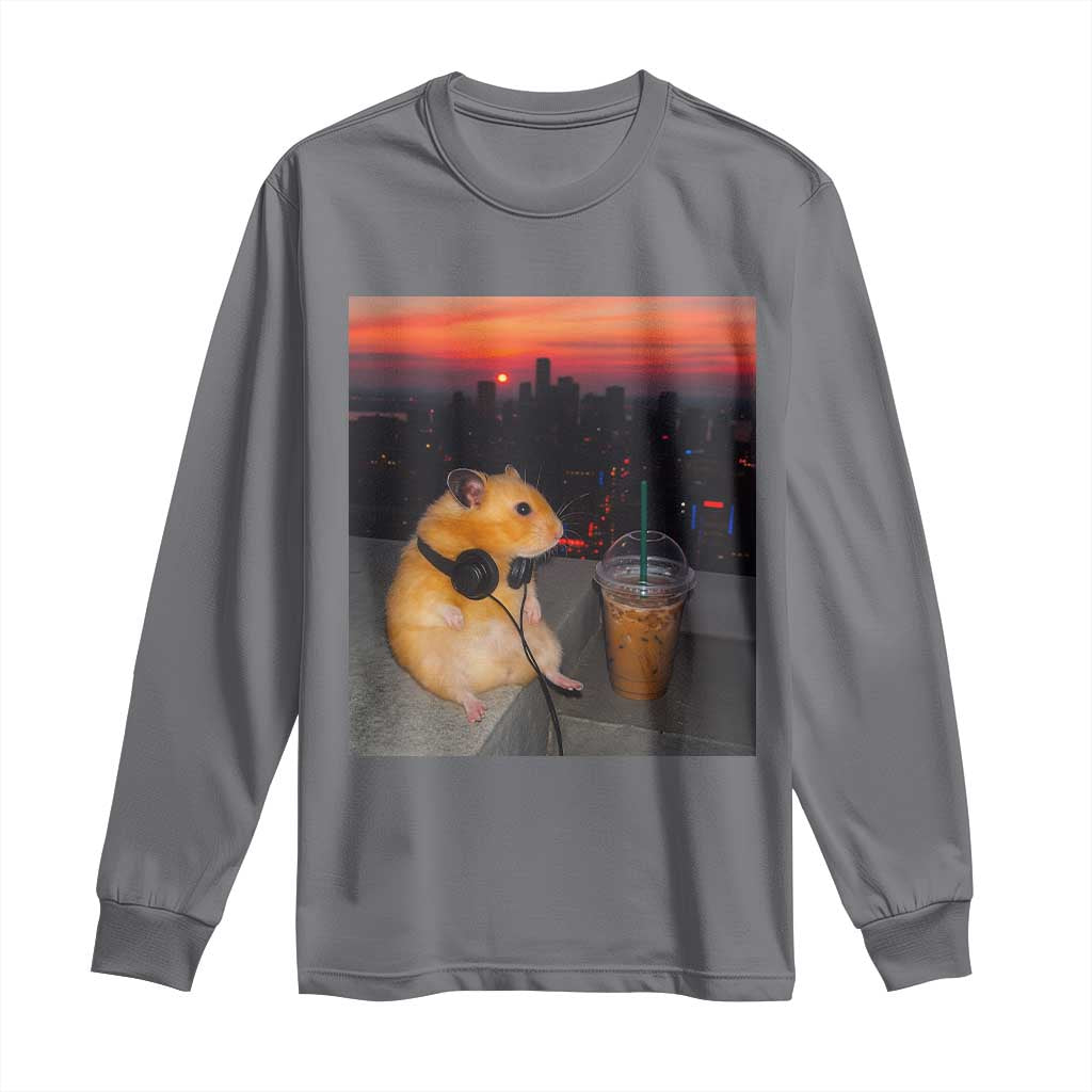 Hamster Drinking Iced Coffee Long Sleeve Shirt Funny Animal Chill City Sunset Headphones