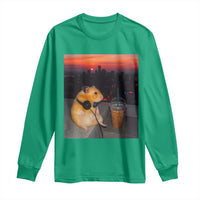 Hamster Drinking Iced Coffee Long Sleeve Shirt Funny Animal Chill City Sunset Headphones