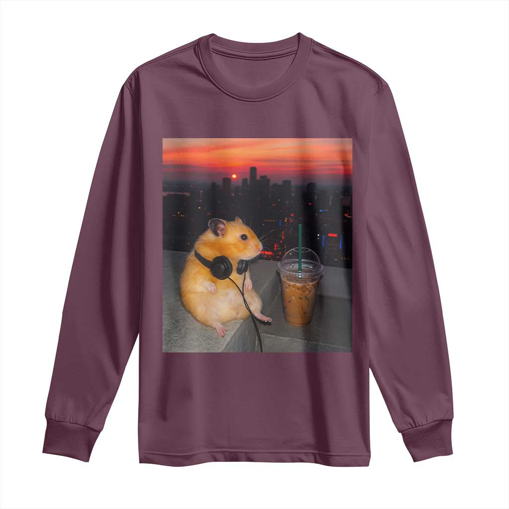Hamster Drinking Iced Coffee Long Sleeve Shirt Funny Animal Chill City Sunset Headphones