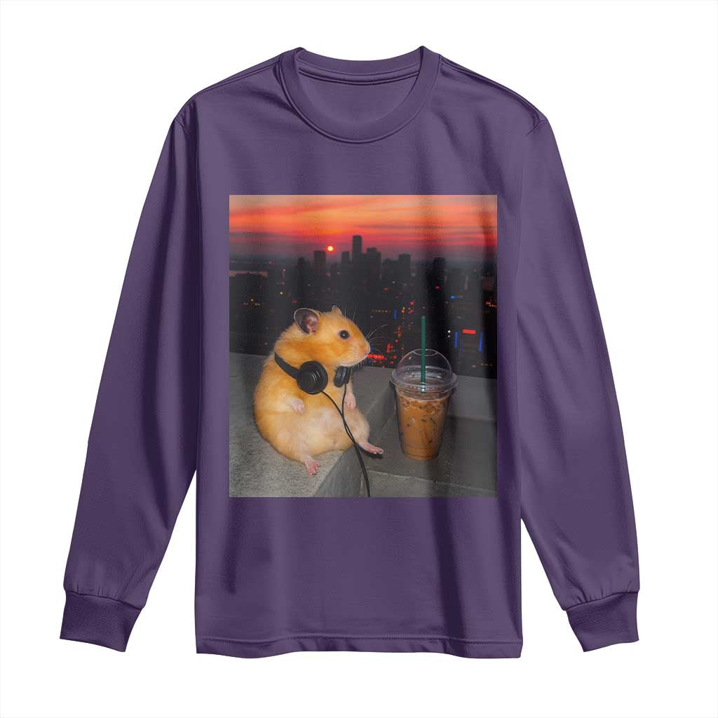 Hamster Drinking Iced Coffee Long Sleeve Shirt Funny Animal Chill City Sunset Headphones
