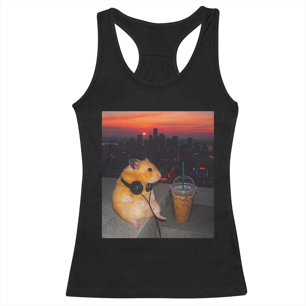 Hamster Drinking Iced Coffee Racerback Tank Top Funny Animal Chill City Sunset Headphones