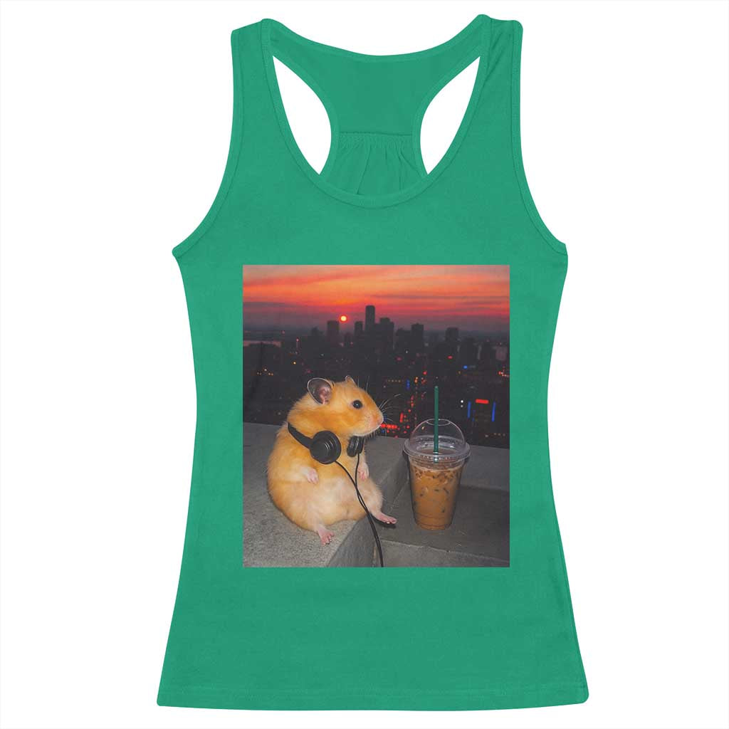 Hamster Drinking Iced Coffee Racerback Tank Top Funny Animal Chill City Sunset Headphones
