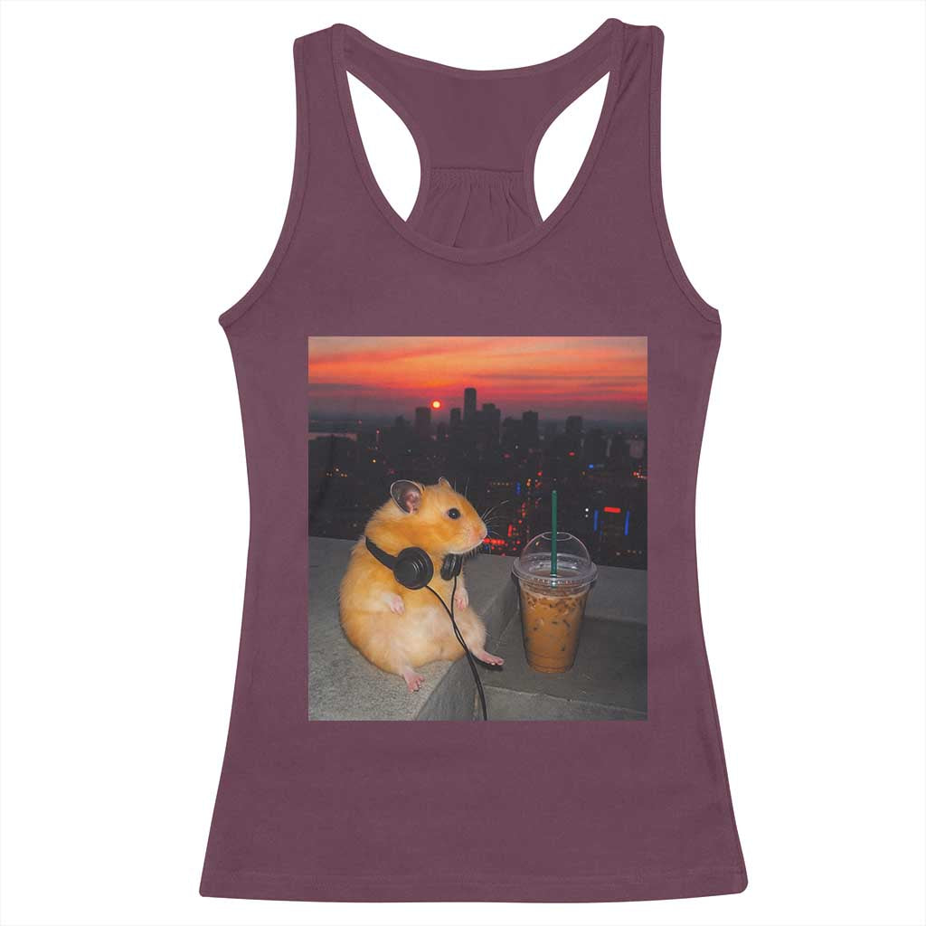 Hamster Drinking Iced Coffee Racerback Tank Top Funny Animal Chill City Sunset Headphones