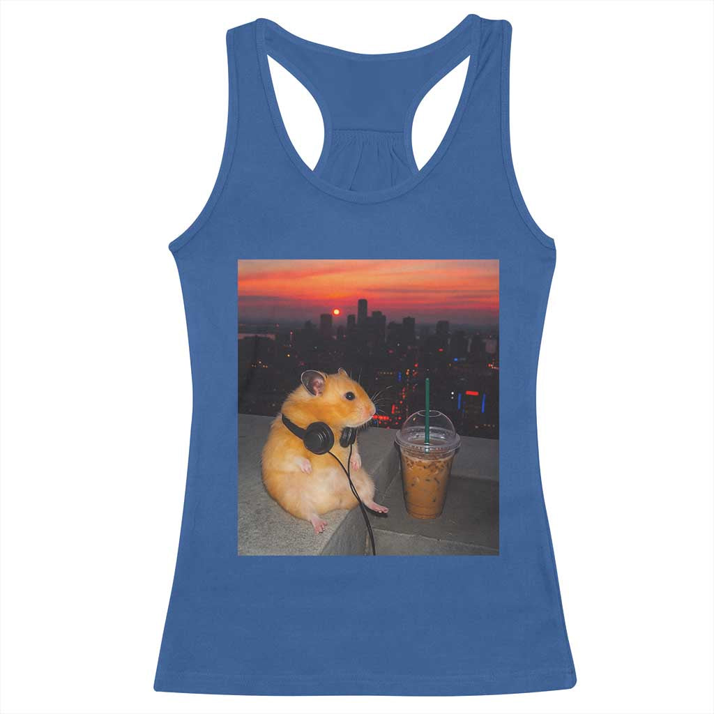 Hamster Drinking Iced Coffee Racerback Tank Top Funny Animal Chill City Sunset Headphones