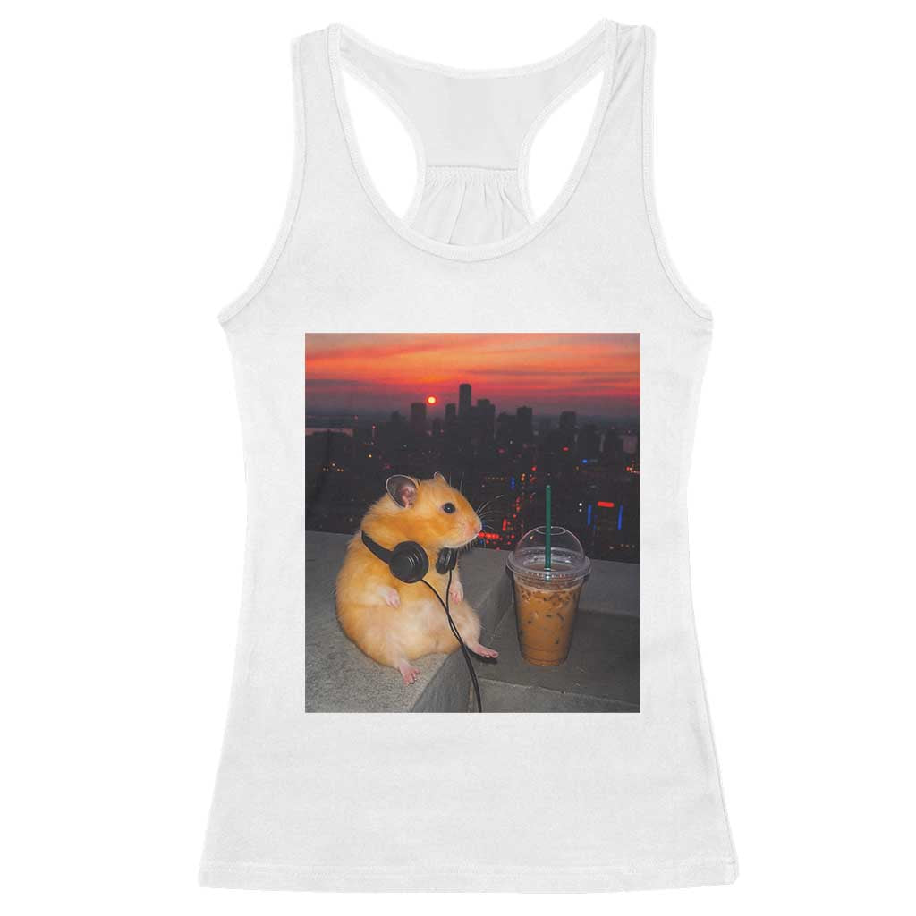 Hamster Drinking Iced Coffee Racerback Tank Top Funny Animal Chill City Sunset Headphones